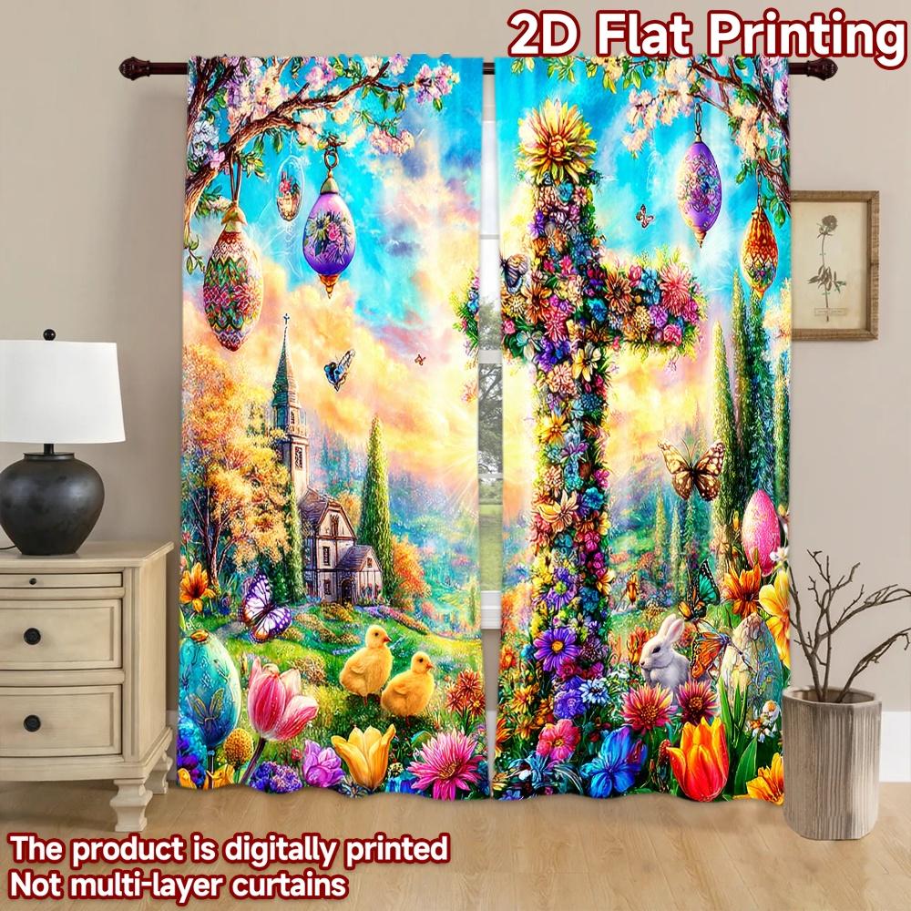 2D flat printing 2pcs Party Curtains Easter cross flowers butterflies Digital Printed Polyester Drapes Seasonal Party & Holiday