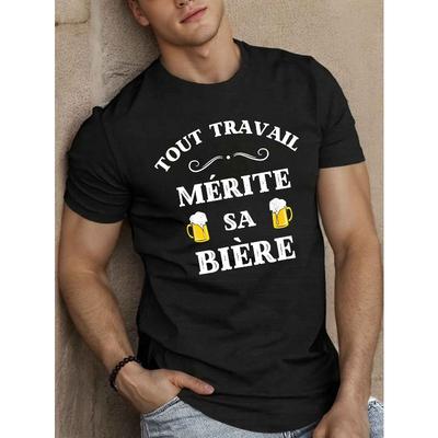 Europäische Größe Herren Freizeit French Beer Grafik T-Shirt - Kurzarm, Polyester, Sommer Oberteil mit humorvollen Bierkrug Illustrationen, Alltags-T-Shirt