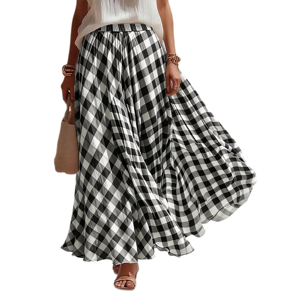 Women's High Waist Pleated A Line Long Skirt Plaid Flowy Midi Skirt with Elastic Waistband for Casual Wear