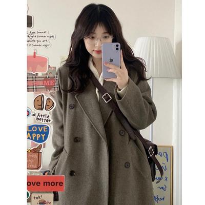 Gray Brown Woolen Coat for Women Autumn and Winter New Style Hepburn Style Retro Double-breasted Mid-length Woolen Coat