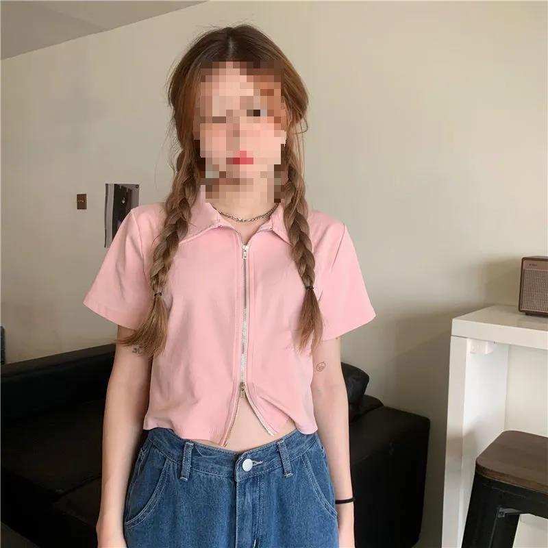 Women's Turn Down Collar Short Sleeve Blouse Loose Fit Cropped Zip Front Solid Color Korean Casual Summer Crop Shirt Top