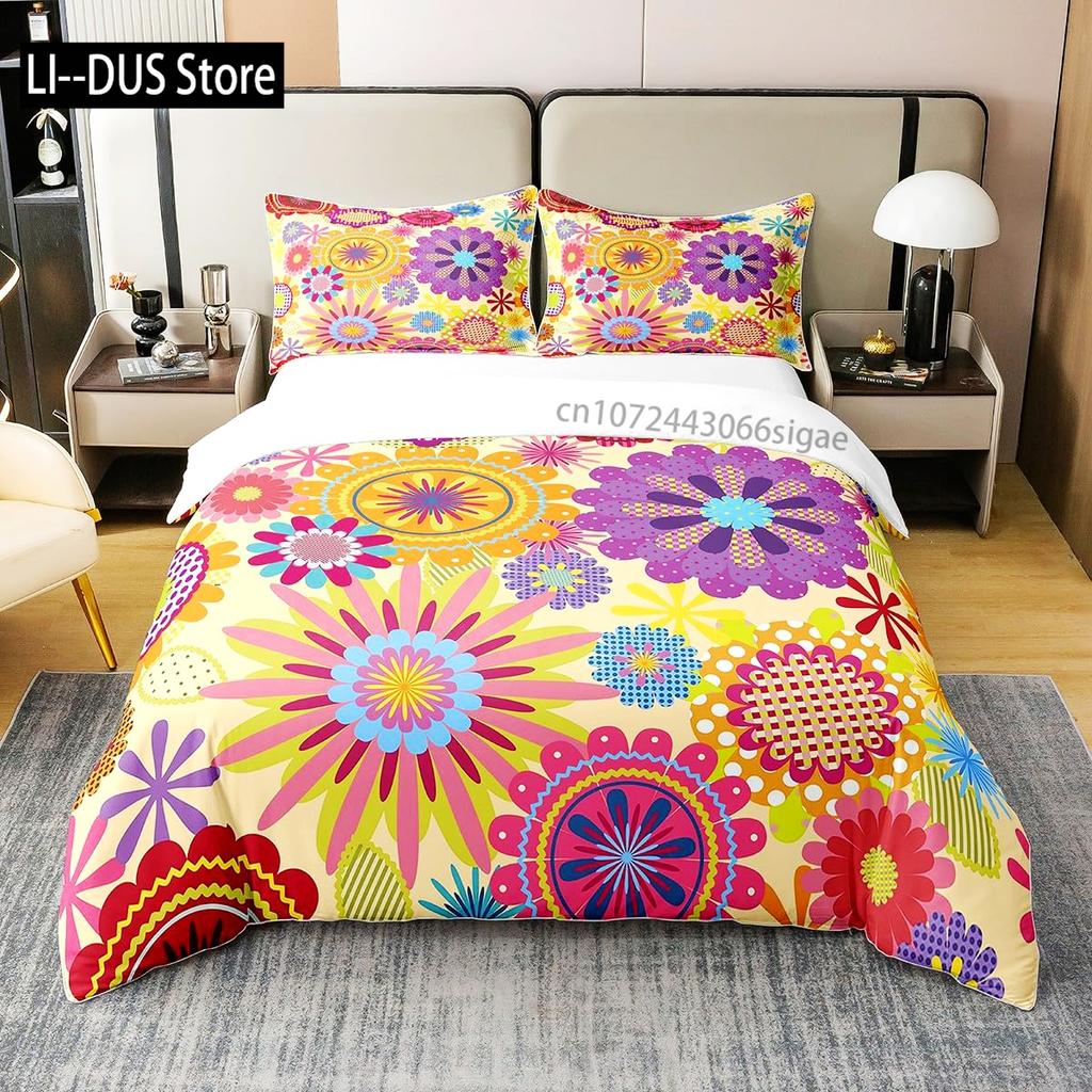 Floral Bedding Set Full Size Colorful Flowers Comforter Cover for Girls Child Duvet Cover Bedroom Decor with 2 Pillow Cases