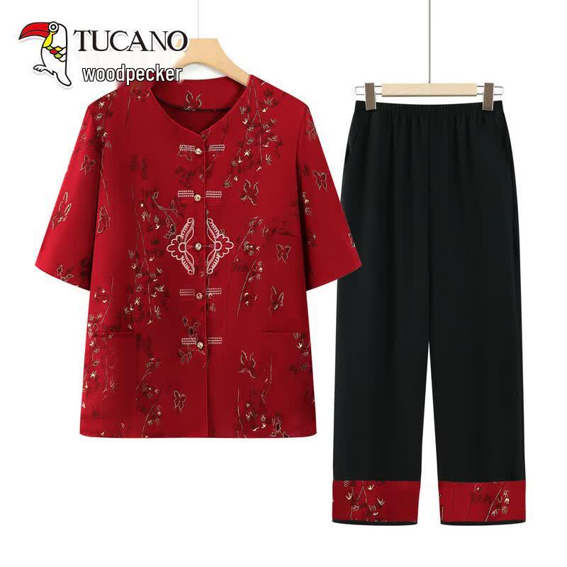 TUCANO Elderly Women s Summer Tang Suit Two-Piece Set XL