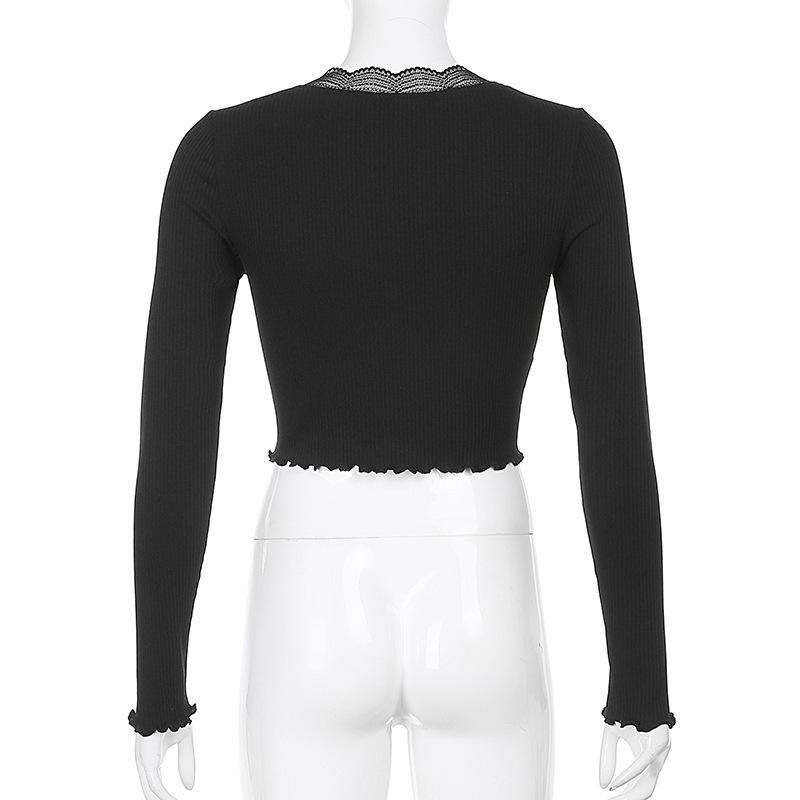 Cárdigan de punto de canalé con encaje de color sólido estilo europeo y americano con borde de oreja de madera y camiseta de manga larga para top casual de mujer con cuello en V