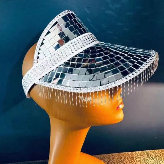 Sun Hat Reflective Mirror Design Summer Anti-UV Hat with Tassels Hiking Traveling Parties Lightweight Breathable