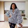 African Print Tie-Up V-Neck Cardigan with Lantern Sleeves for Women