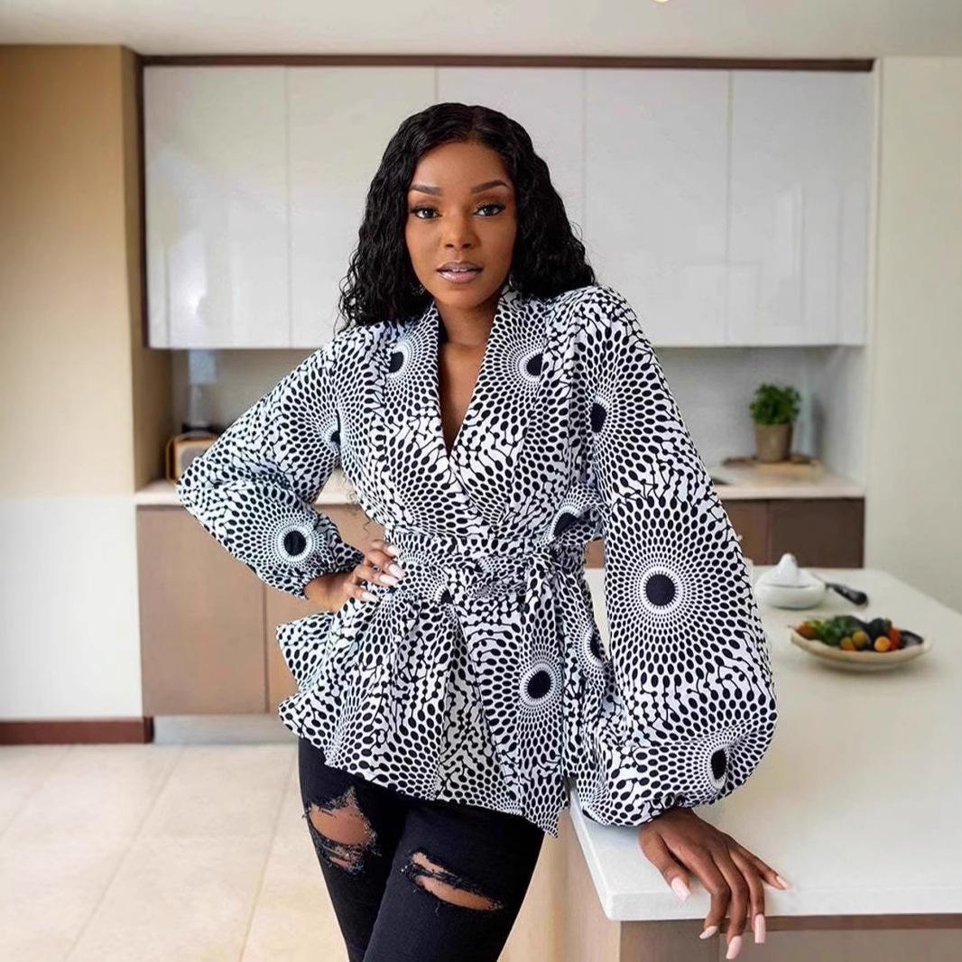 

African Print Tie-Up V-Neck Cardigan with Lantern Sleeves for Women XL