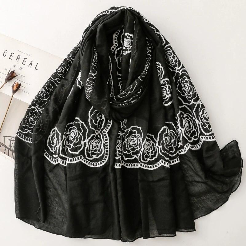Solid Color Floral Ethnic Style Embroidered Scarf Rose Flower Hijab Scarf Warm Roll Edge Travel Stoles And Shawls For Women