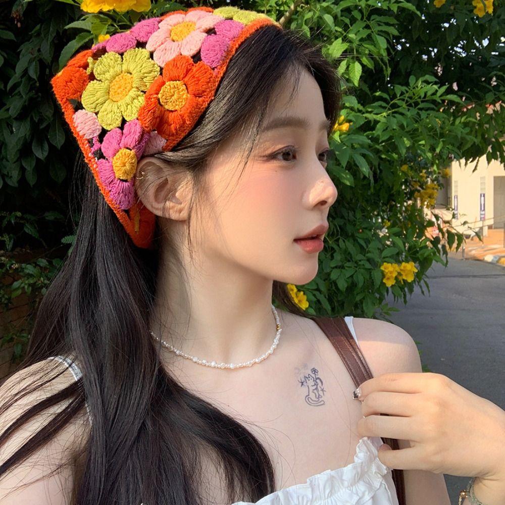 Floral Triangle Turban Flower Women Hair Scarf Sweet Crochet Bandana  Travel