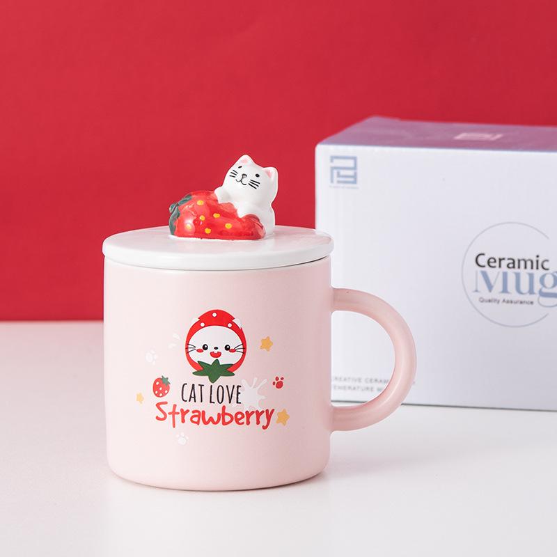 Lovely strawberry Cup Ins Coffee Mug Creative Water Milk Breakfast Cups Cartoon Cat Ceramic Mugs With Lid Spoon Gift