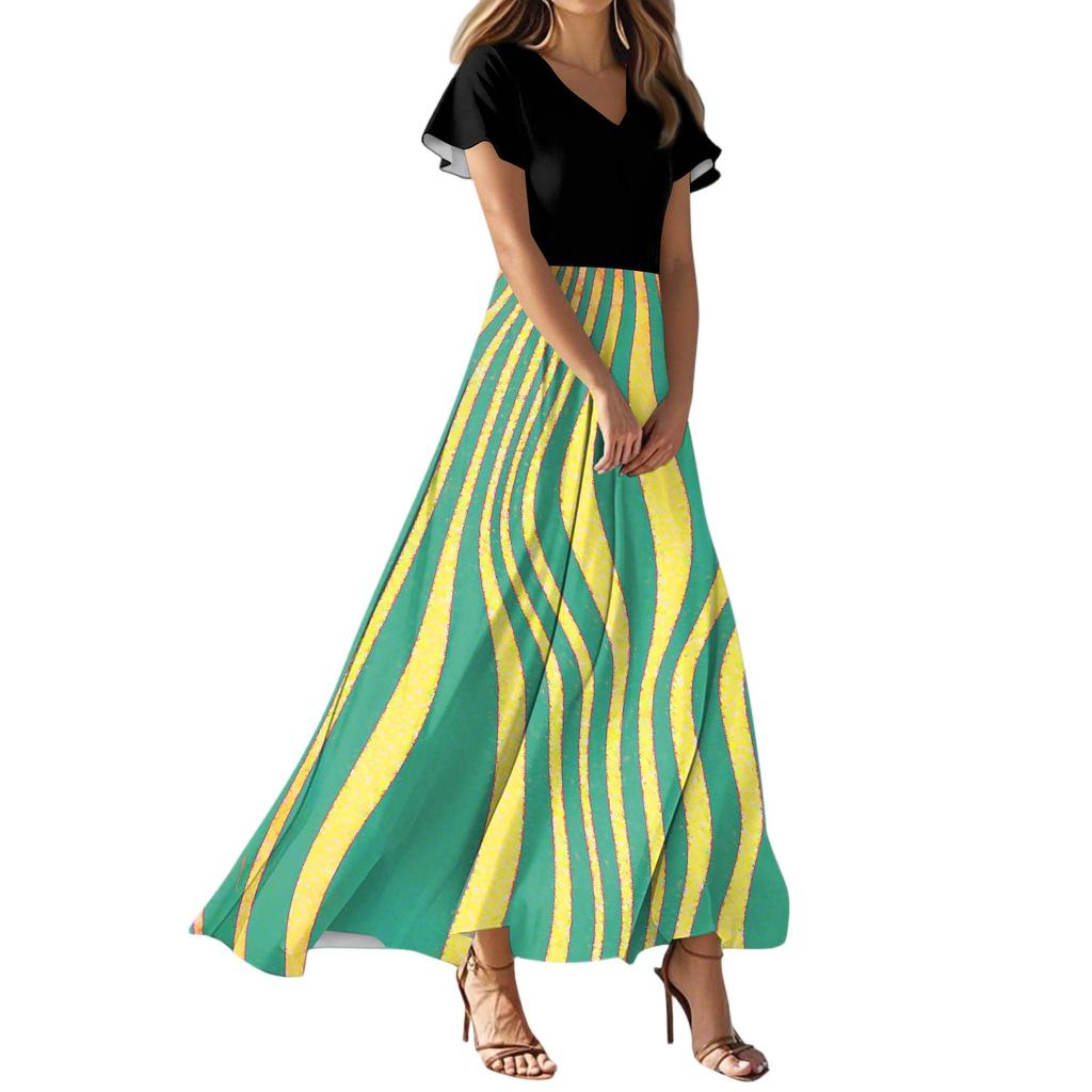 Women's Summer Casual Fashion Striped Printed Dress V Neck Short Sleeve Dress