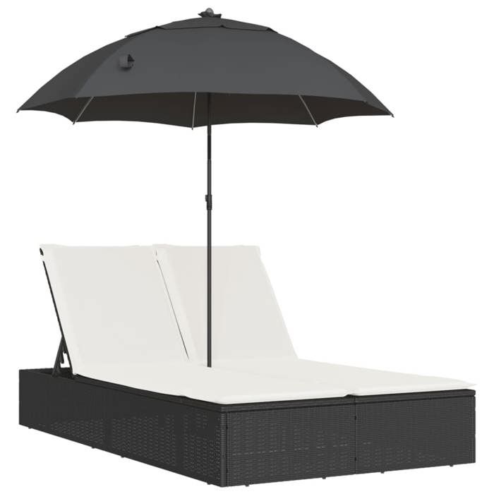 VidaXL Double Sun Lounger and Cushions and Parasol Black Braided Resin, Sunbed, Outdoor Daybed, Daybed of 368081
