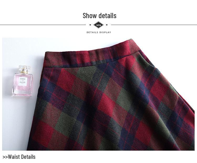 Women's 2024 Autumn/Winter Korean Plaid Wool-Blend A-Line Midi Skirt - Slimming, Thickened, Large Hem