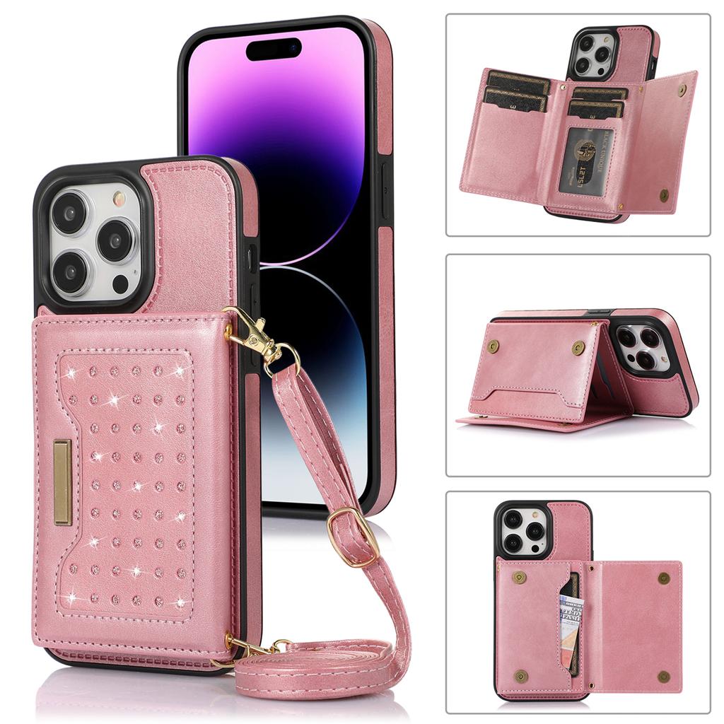 For iPhone 16 Pro Case Wallet RFID Blocking TPU Leather Phone Cover with Lanyard