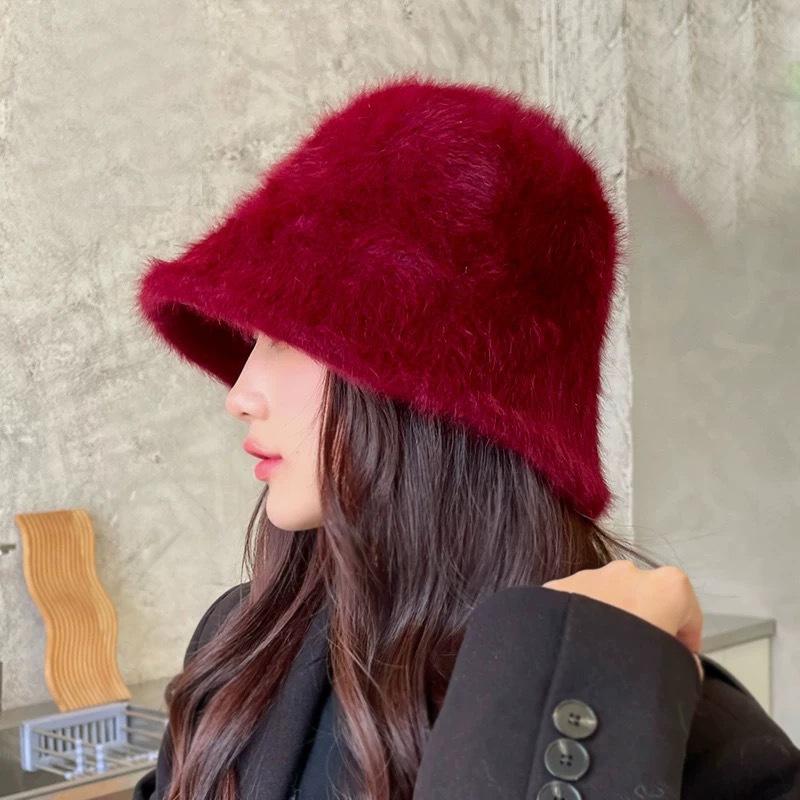 Rabbit fur bucket hat women's autumn and winter plush hat big head circumference showing small face warm hairy hat bucket hat