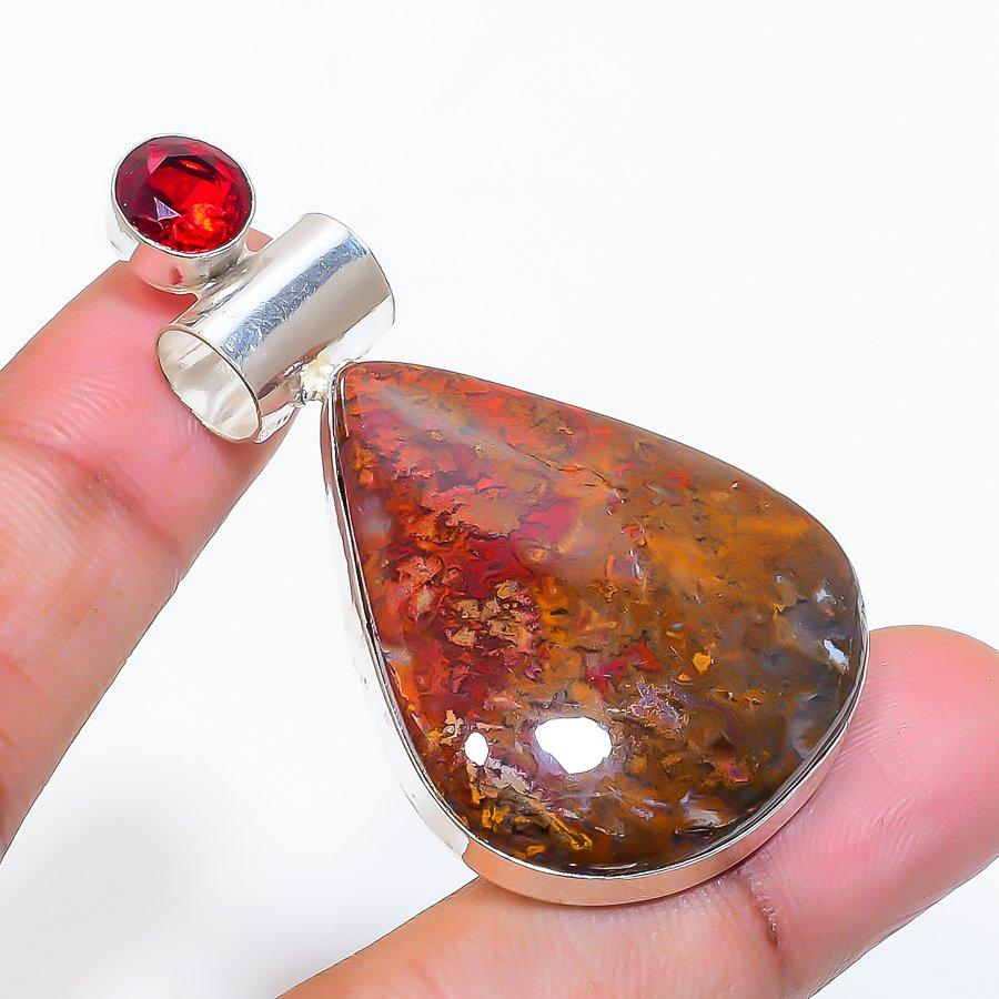 Natural Seam Agate, Garnet 925 Sterling Silver Jewelry Pendant 2.17" ZS-534
