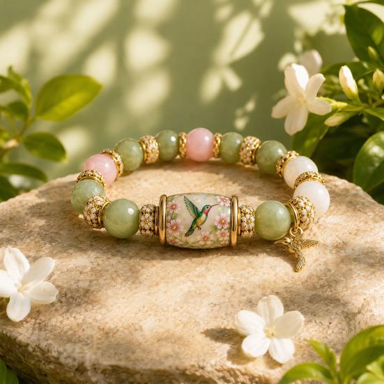 Bracciale Uccelli Benedizione con Scatola Regalo Premium, Bracciale con Perline Rosa Multicolore Design Elastico, Braccialetti Benedizione Ape Colibrì per Donne