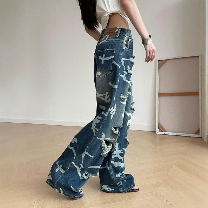 Vintage Washed Distressed Camo Patchwork Denim Wide Leg Jeans Men Women Slim Fit Relaxed Trousers