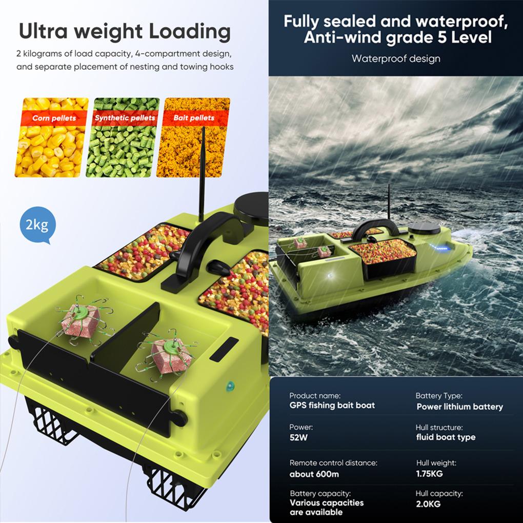 GPS Wireless RC Fishing Bait Boat 500m Control with 4 Bait Containers 2KG Payload Fish Finder Automatic Cruise Route Correctio