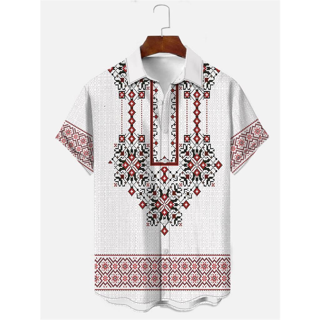 Men's Shirt Art Pattern Print Casual Shirt Short Sleeve Oversized Top Summer Vintage Flower Pattern Beach Y2k Fashion Clothing