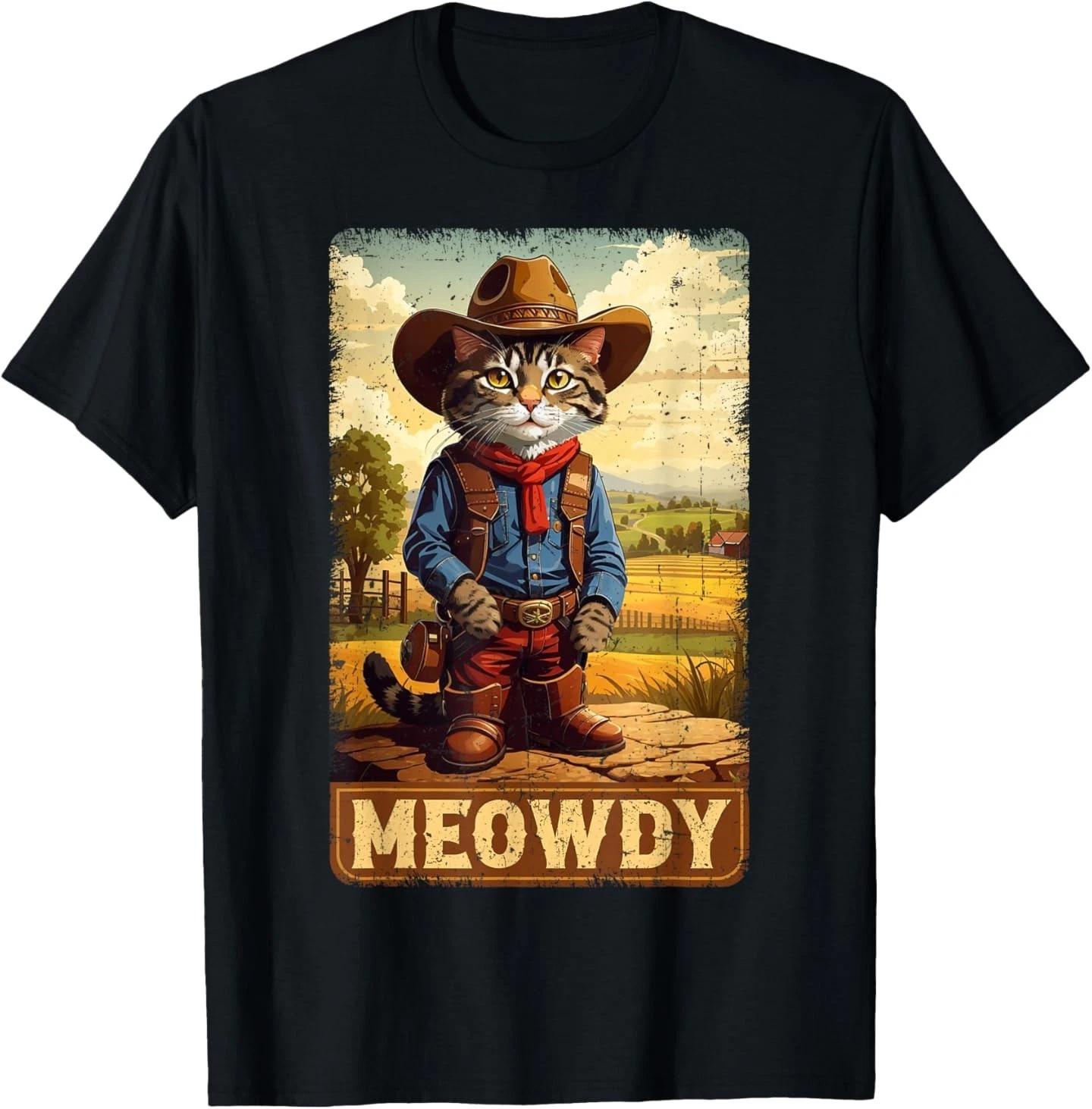 Meowdy Funny Country Side Cat Hat Vintage Cowboy Cat T- Shirt S