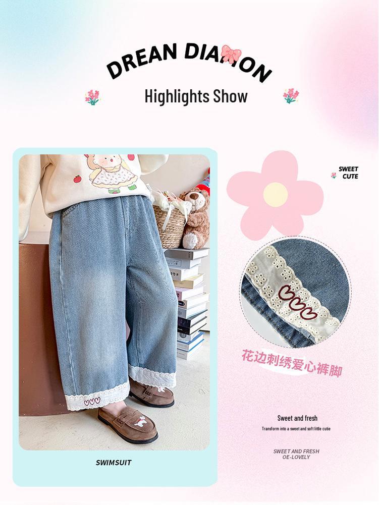 Autumn 2025 Girls' Heart Lace Straight-Leg Jeans - Children's Korean Fashion