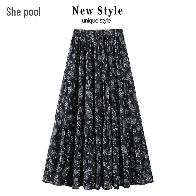 Women s Retro Floral Print A-line Midi Skirt One Size