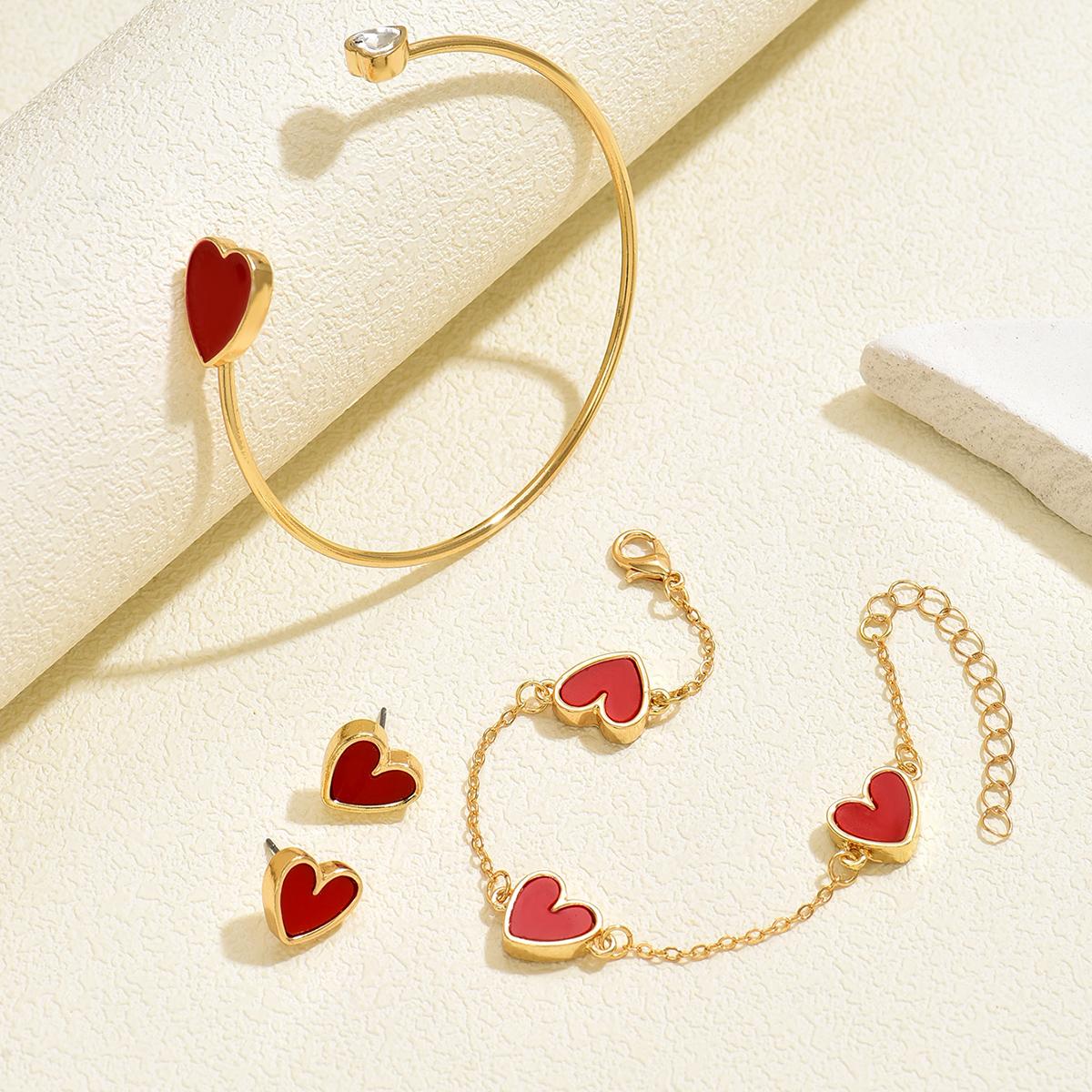 

Elegant Chic Red Enamel Heart Jewelry Set For Women Cute Dainty Bangle Bracelet Earrings Set Valentine s Day Fashion Jewelry