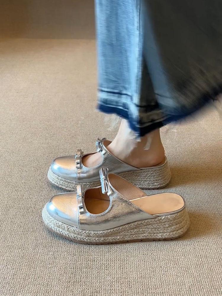 Sheepskin bow thick-soled heightening bag head half slippers women's summer wear casual versatile light mouth one-pedal single shoes