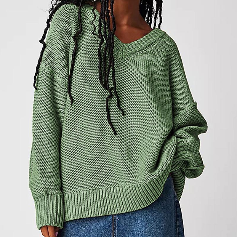 Oversized V-Neck Sweater - Western Style Pullover Knit