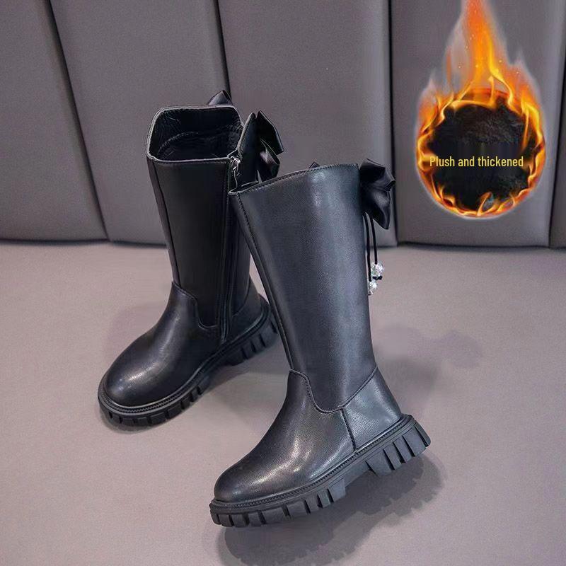 Girls' Bow Long Leather Boots - 2025 Autumn/Winter Stylish Princess Collection