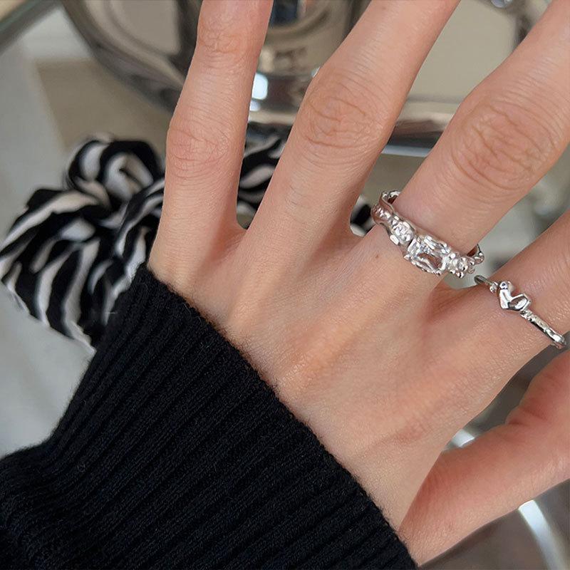 925  Silver Irregular White Square Diamond Zircon Heart Ring Ins Women's Fashion Light Luxury Open Adjustable Stackable Niche Minimalist