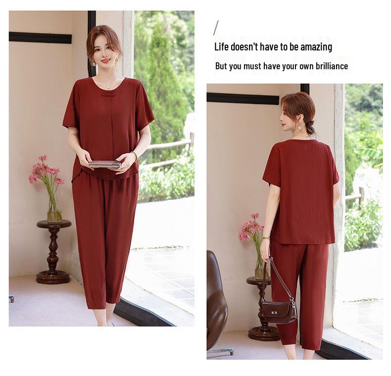 Plus Size Summer Two-Piece Set for Mothers - Loose, Short Sleeve, National Style Fashion for Middle-Aged & Elderly Women