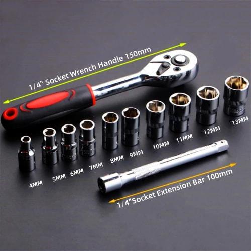 12-Piece Socket Wrench Set with 6.35mm (1/4") Drive Hex Sockets, Quick-Release Ratchet Handle, and Holder for Vehicle Maintenance, Repairs, and Automo