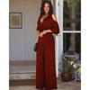 Women's V-Neck Hollow Short Sleeves Casual Long Pants Wide Leg Pants Jumpsuits