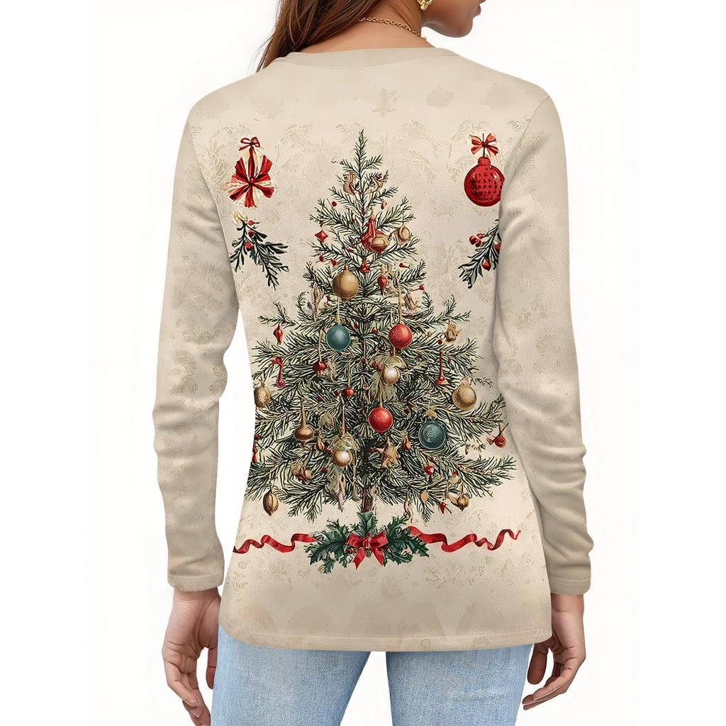 Women's Fashion Casual Christmas Printed Round Neck Long Sleeve Pullover Top