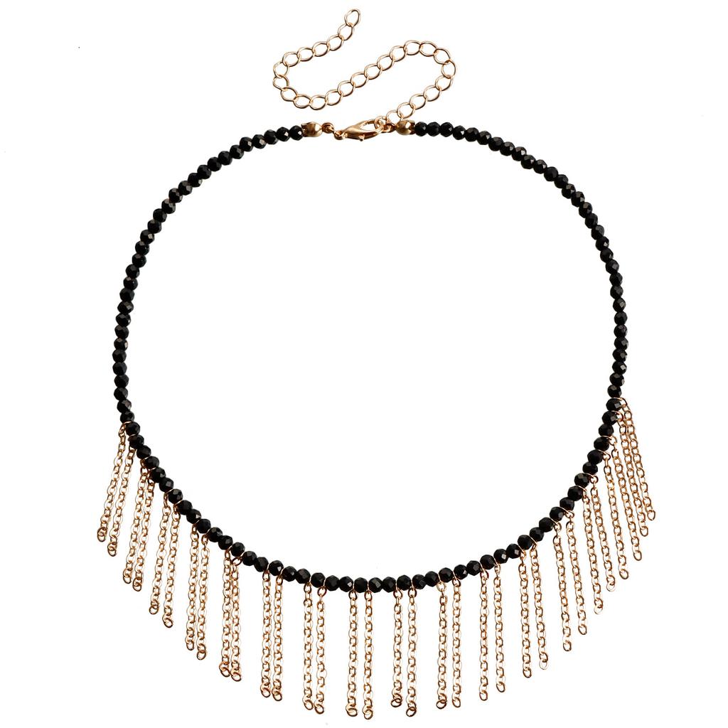 Black imitation crystal fringed thin chain necklace, sexy light luxury collarbone necklace
