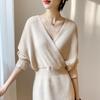 GMXIA Slim-fit V-neck Wrap Hip Dress Women's Long-sleeved Style Waist Knit Dress