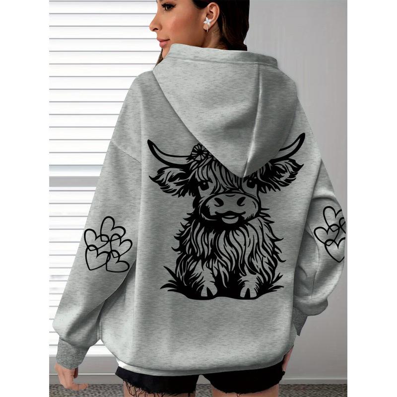 Damen Gemütlicher Hochlandrind & Pfotenabdruck Übergroßer Hoodie