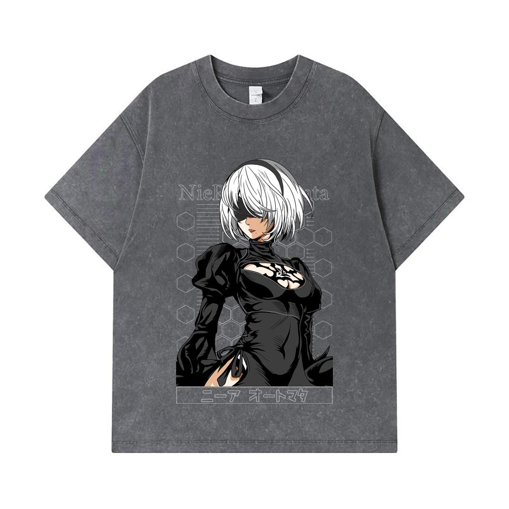 275 GSM Washed T-shirts 100% Cotton NieR Automata V2 2B Print Unisex Heavy Cotton T Shirt