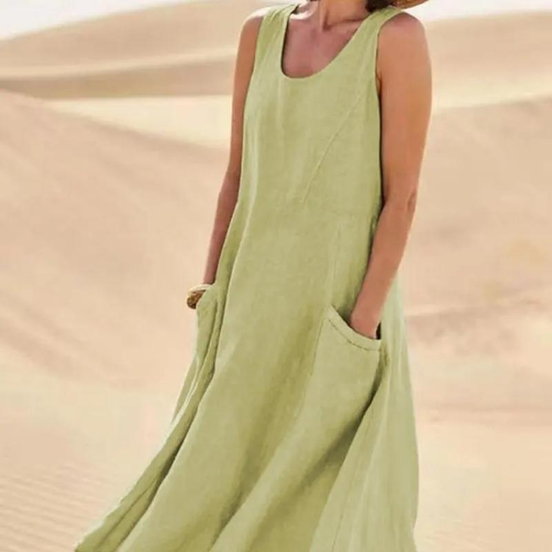 Summer Pocket Sleeveless Round Neck Women's Cotton and Linen Dress Lady Loose Solid Color Pullover Big Swing Dress