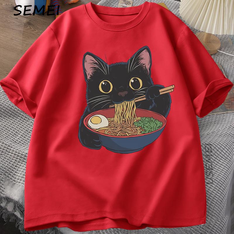Ramen Katt T-shirt Kattälskare T-shirt Kawaii Tecknad Bomull Kortärmad T-shirts Barnkläder T-shirt Toppar