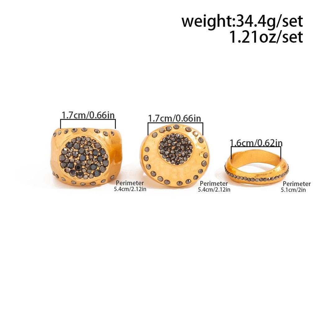 Kunjoe 3 Pcs/Set Inlaid Shine Acrylic Rhinestone Rings For Women Vintage Gold Color Metal Ring  Fashion New Luxury Jewelry