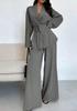 Damen 2-teiliges passendes Set Langarm-Oberteil mit Gürtel Weitbeinige Hose Business Casual Set Outfit