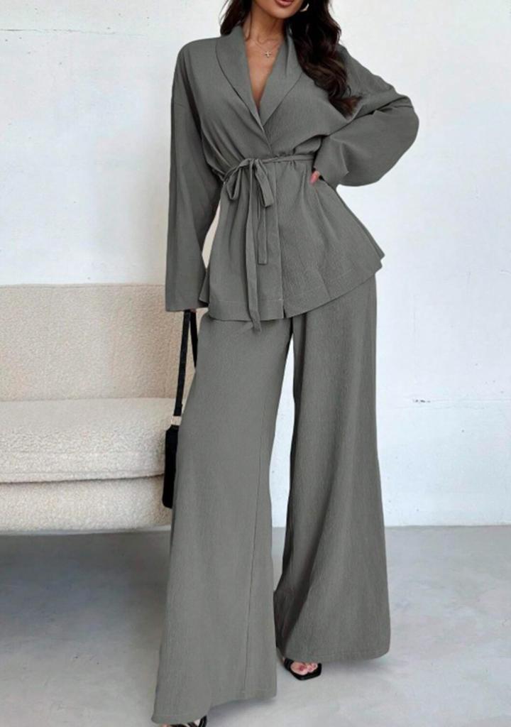 Damen 2-teiliges passendes Set Langarm-Oberteil mit Gürtel Weitbeinige Hose Business Casual Set Outfit