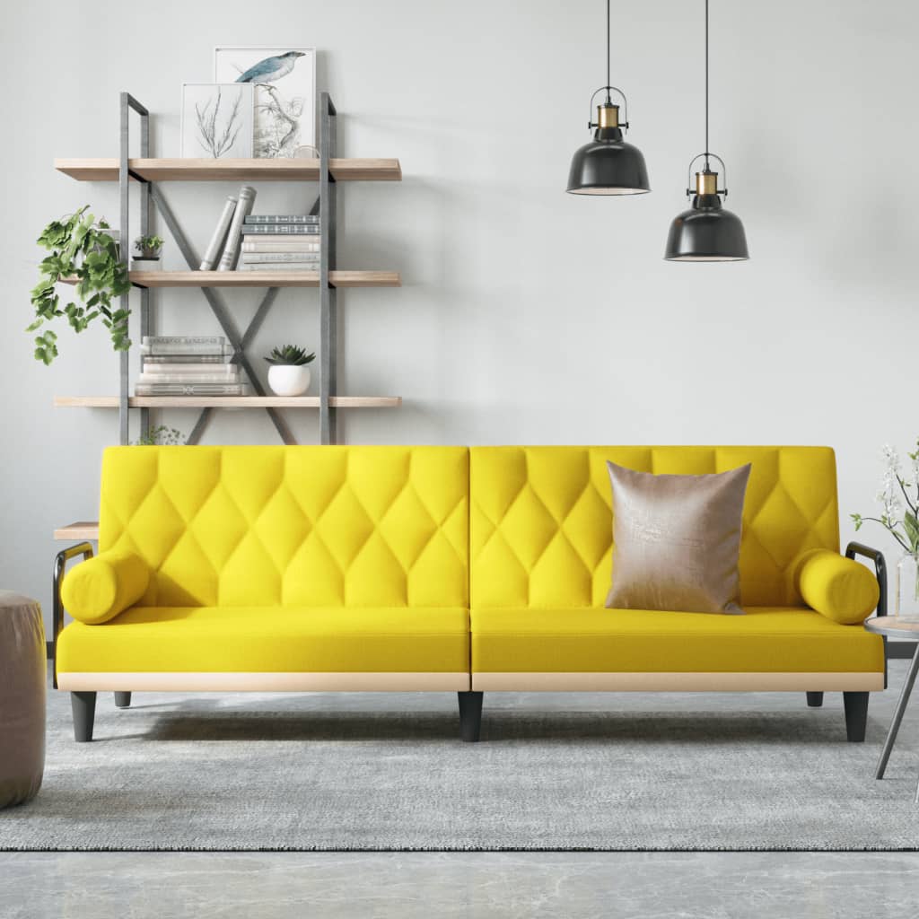 Sofa Bed with Armrests Light Yellow Fabric