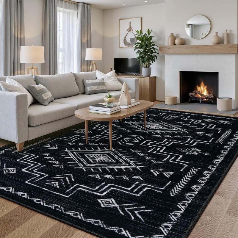 Black and White Area Carpet Living Room Bedroom Dining Table Home Office Mat Aztec Tribal Moroccan Non-Slip Large Washable Rug