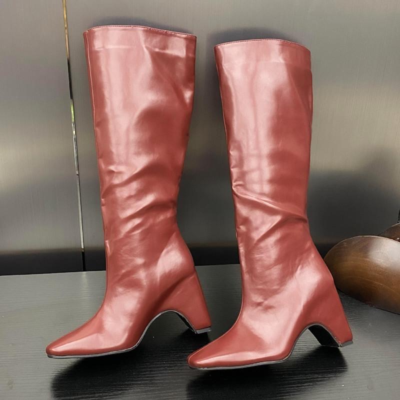 Mode Ins Stil Mode Lackleder Eckige Zehe Damen Kniehohe Stiefel Elegant Herbst Winter Hohe Absätze Chelsea Lange Stiefel Schuhe