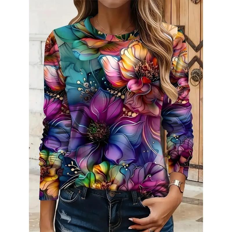 Women's 3D floral print T-shirt fashionable long-sleeved round neck regular tops holiday weekend spring and autumn