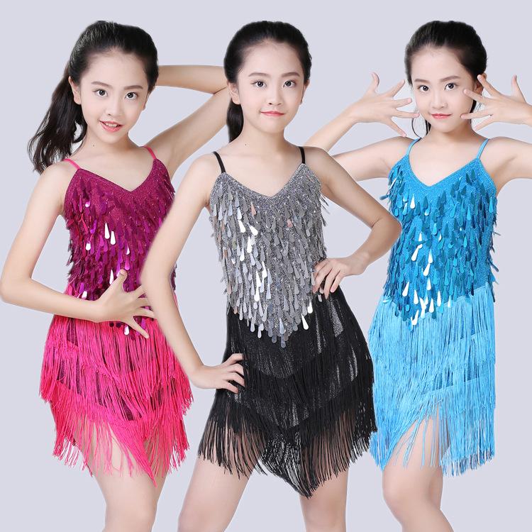 Children's Latin Dance Fringe Skirt Sequin Tassel Dancing Dress Girl Performance Tango Cha Cha Dancing Dress